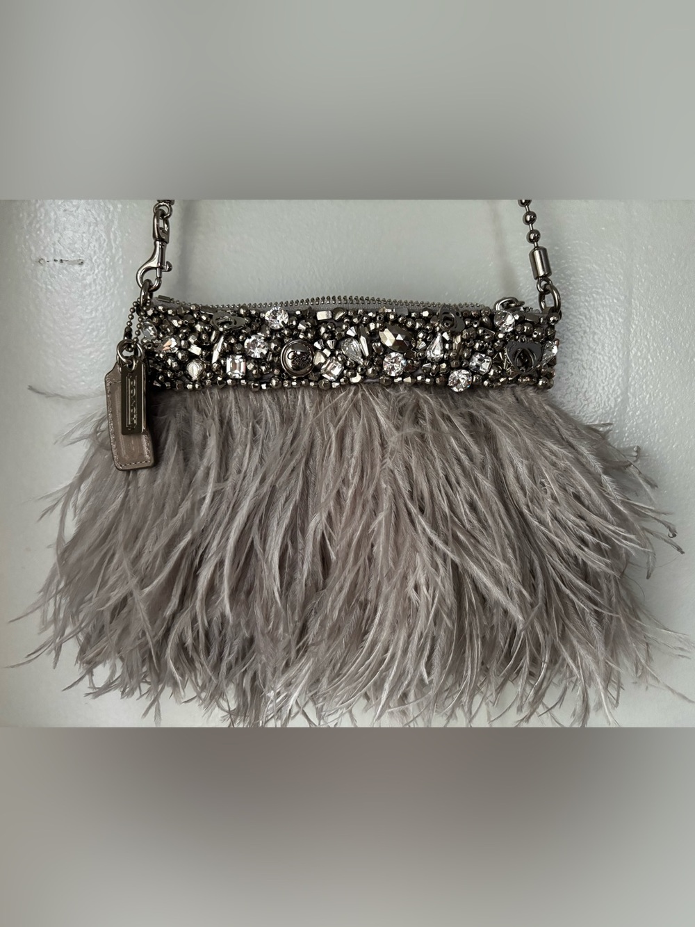 Coach Poppy Ostrich Feather and Crystal Embellished Chain Crossbody - Silver